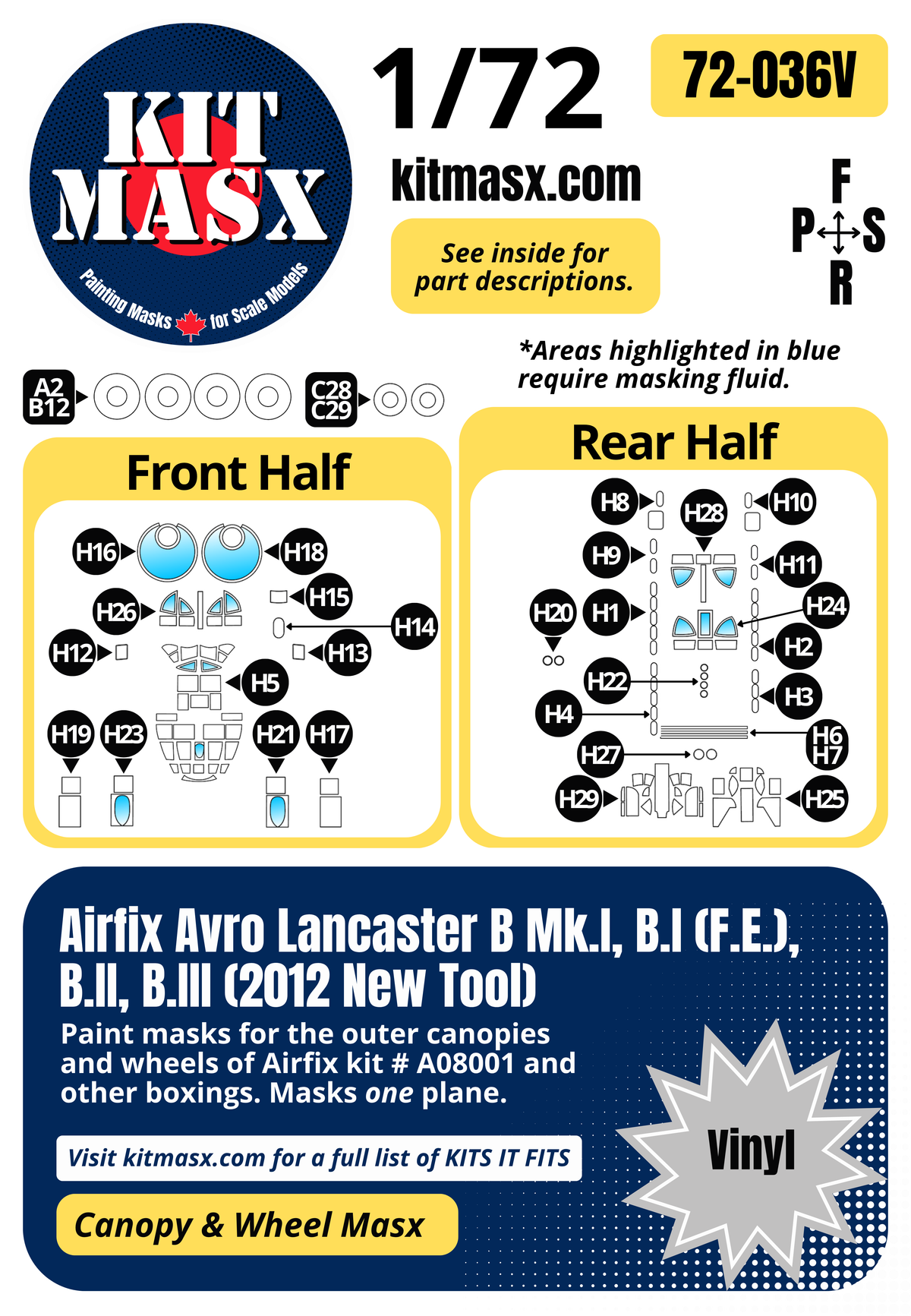 Airfix Avro Lancaster B Mk.I, B.I (F.E.), B.II, B.III (2012 New Tool) 1/72 Canopy & Wheel Paint Masks, Kit # A08001 (72036)