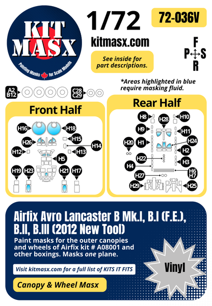 Airfix Avro Lancaster B Mk.I, B.I (F.E.), B.II, B.III (2012 New Tool) 1/72 Canopy & Wheel Paint Masks, Kit # A08001 (72036)