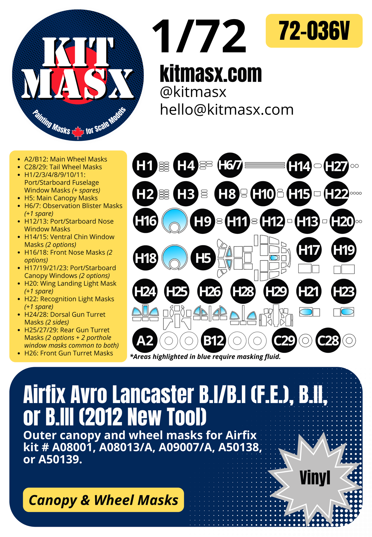 Airfix Avro Lancaster B.I/B.I (F.E.), B.II, or B.III (2012 New Tool) 1/72 Canopy & Wheel Paint Masks