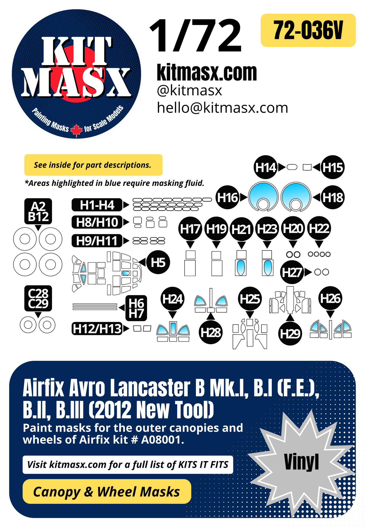 Airfix Avro Lancaster B Mk.I, B.I (F.E.), B.II, B.III (2012 New Tool) 1/72 Canopy & Wheel Paint Masks, Kit # A08001