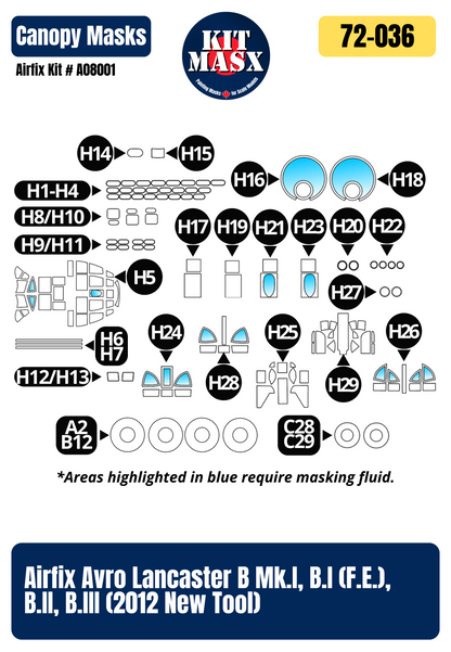 Airfix Avro Lancaster B Mk.I, B.I (F.E.), B.II, B.III (2012 New Tool) 1/72 Canopy & Wheel Paint Masks, Kit # A08001