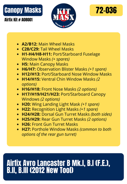 Airfix Avro Lancaster B Mk.I, B.I (F.E.), B.II, B.III (2012 New Tool) 1/72 Canopy & Wheel Paint Masks, Kit # A08001