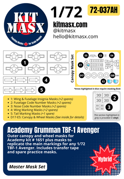 Academy Grumman TBF-1 Avenger 1/72 Canopy & Main Marking Paint Masks, Kit # 1651