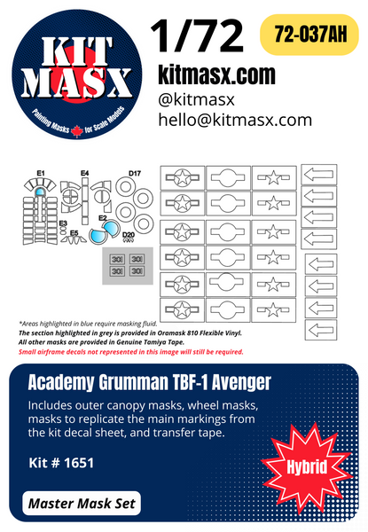 Academy Grumman TBF-1 Avenger 1/72 Canopy Masks & Main Markings