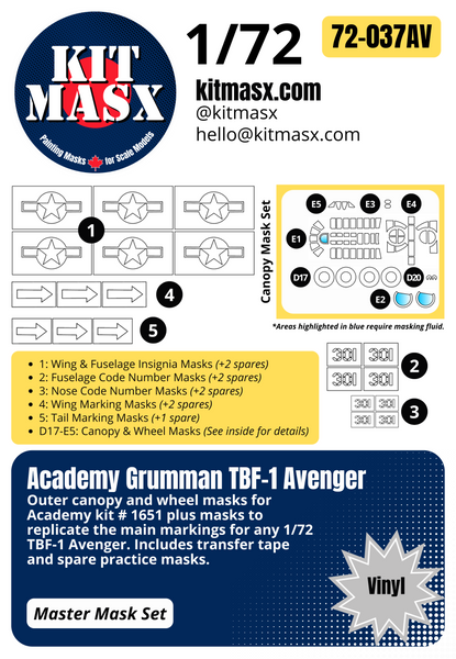 Academy Grumman TBF-1 Avenger 1/72 Canopy & Main Marking Paint Masks, Kit # 1651