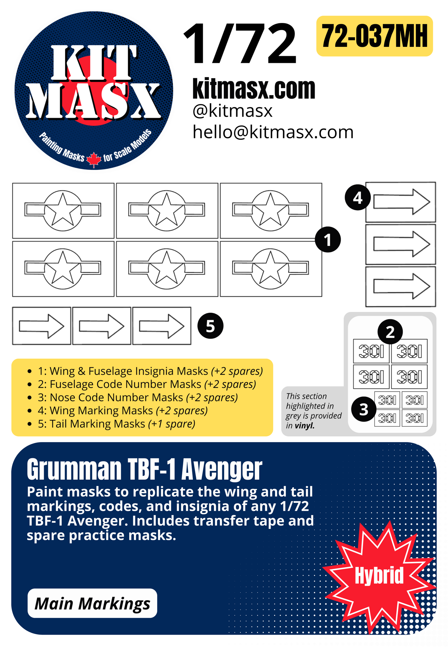 Academy Grumman TBF-1 Avenger 1/72 Canopy & Main Marking Paint Masks, Kit # 1651