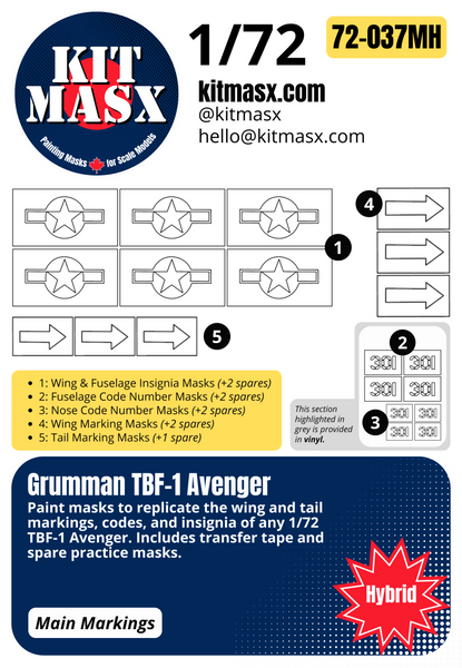 Academy Grumman TBF-1 Avenger 1/72 Canopy & Main Marking Paint Masks, Kit # 1651