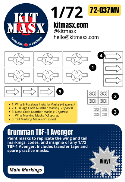 Academy Grumman TBF-1 Avenger 1/72 Canopy & Main Marking Paint Masks, Kit # 1651