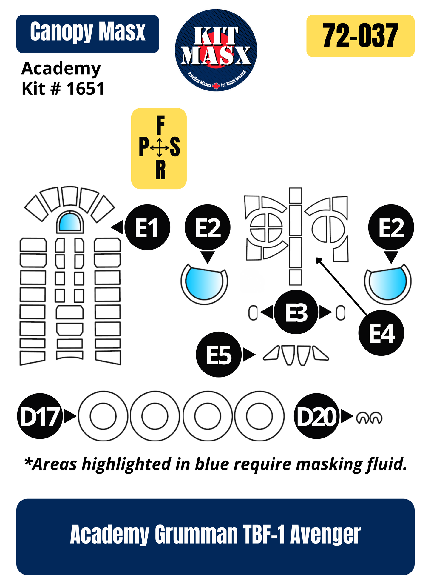 Academy Grumman TBF-1 Avenger 1/72 Canopy & Wheel Paint Masks, Kit # 1651