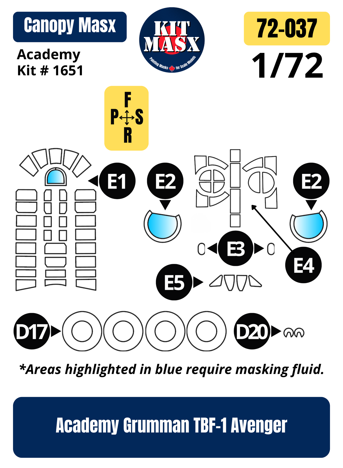 Academy Grumman TBF-1 Avenger 1/72 Canopy & Wheel Paint Masks, Kit # 1651 (72037)