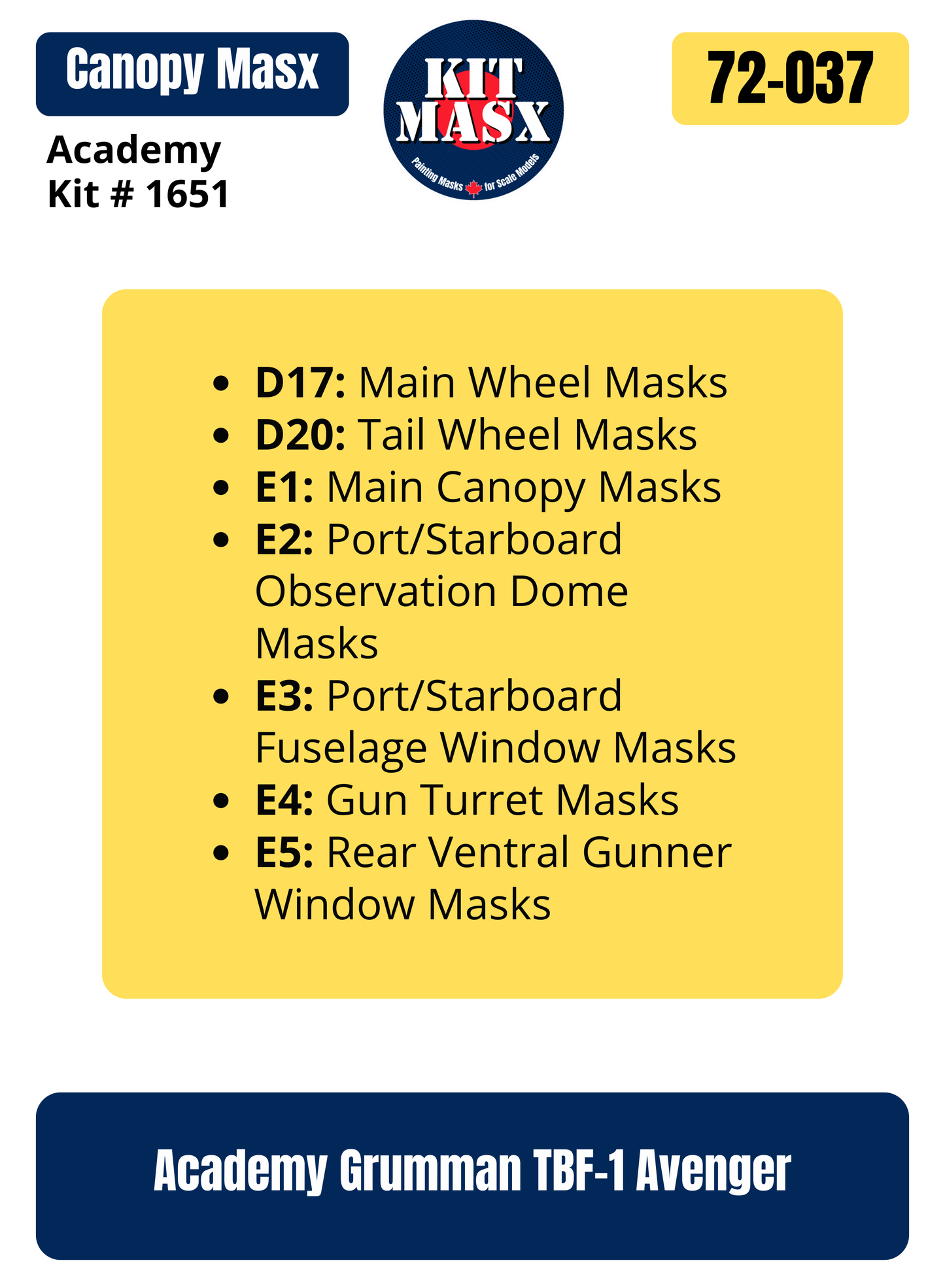 Academy Grumman TBF-1 Avenger 1/72 Canopy & Wheel Paint Masks, Kit # 1651