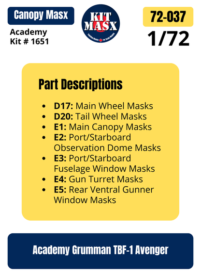 Academy Grumman TBF-1 Avenger 1/72 Canopy & Wheel Paint Masks, Kit # 1651 (72037)