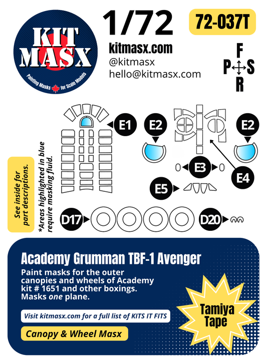 Academy Grumman TBF-1 Avenger 1/72 Canopy & Wheel Paint Masks, Kit # 1651 (72037)