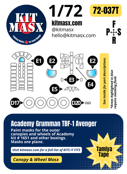 Academy Grumman TBF-1 Avenger 1/72 Canopy & Wheel Paint Masks, Kit # 1651