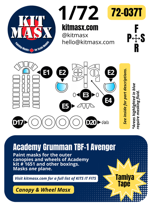 Academy Grumman TBF-1 Avenger 1/72 Canopy & Wheel Paint Masks, Kit # 1651