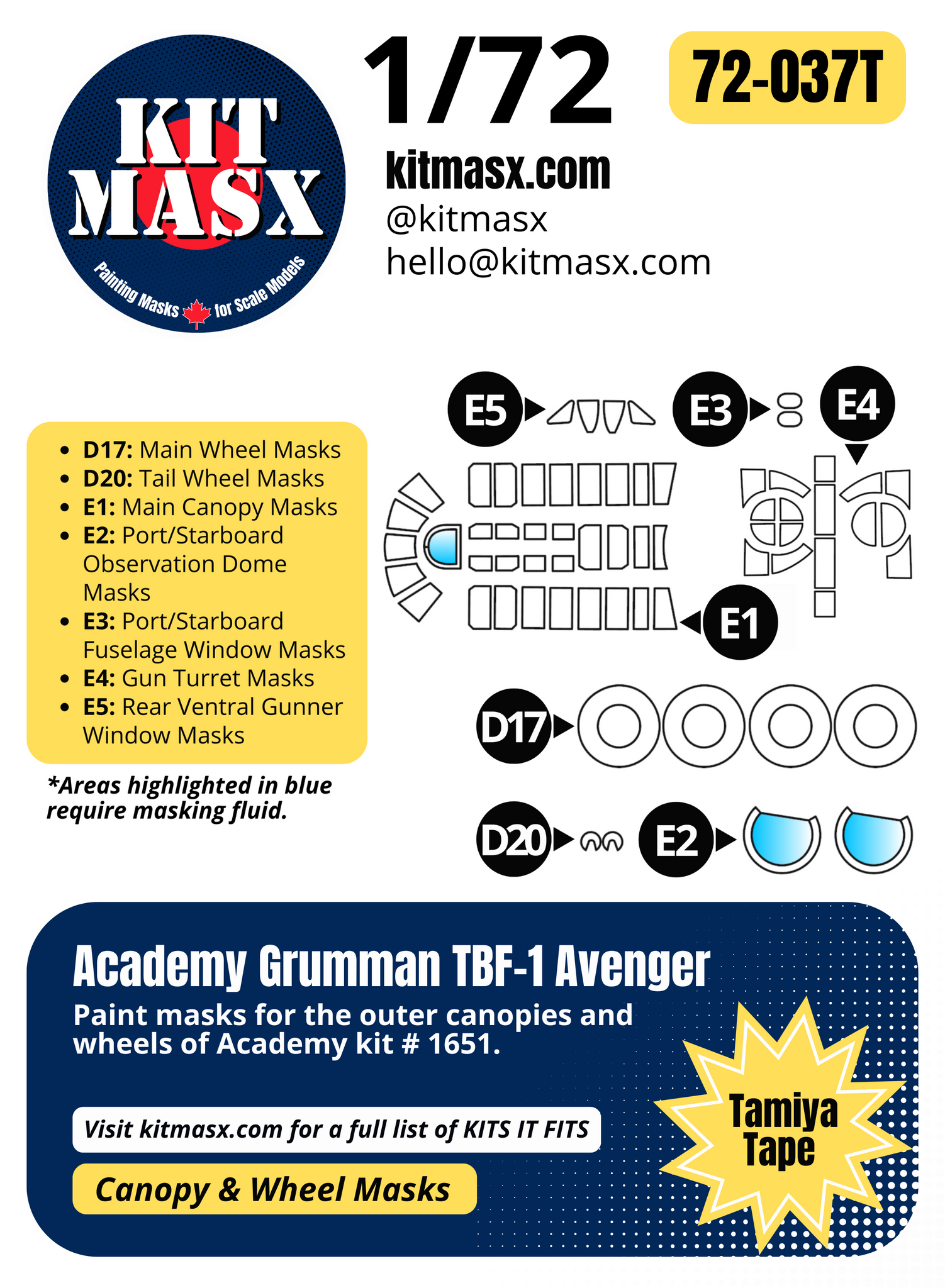 Academy Grumman TBF-1 Avenger 1/72 Canopy & Main Marking Paint Masks, Kit # 1651