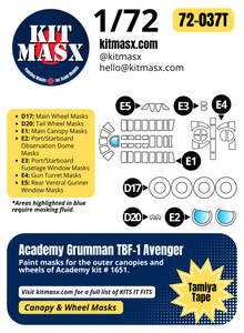 Academy Grumman TBF-1 Avenger 1/72 Canopy & Main Marking Paint Masks, Kit # 1651