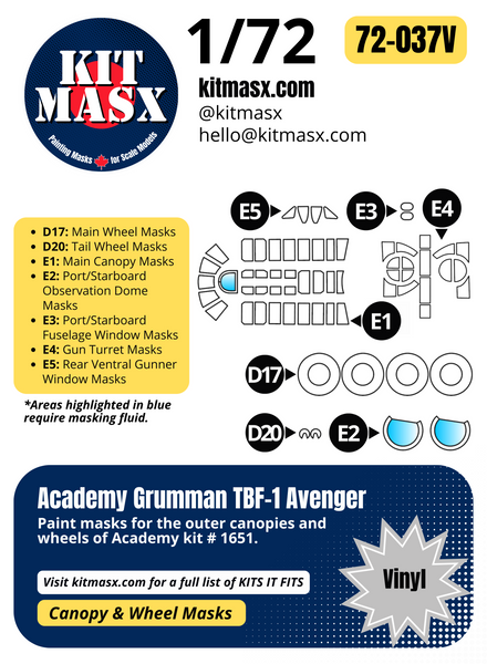 Academy Grumman TBF-1 Avenger 1/72 Canopy & Main Marking Paint Masks, Kit # 1651