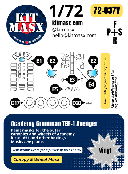 Academy Grumman TBF-1 Avenger 1/72 Canopy & Wheel Paint Masks, Kit # 1651