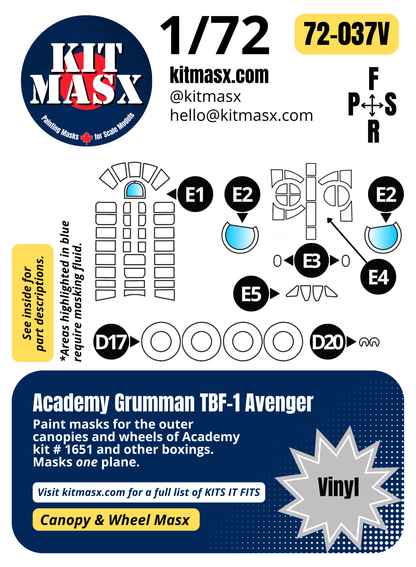 Academy Grumman TBF-1 Avenger 1/72 Canopy & Wheel Paint Masks, Kit # 1651 (72037)
