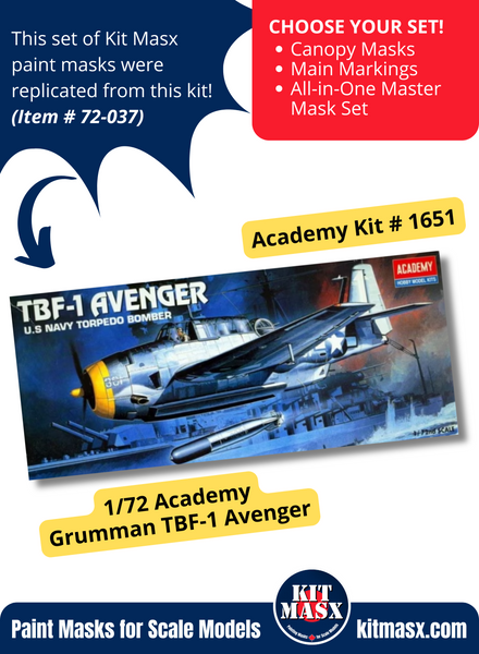 Academy Grumman TBF-1 Avenger 1/72 Canopy & Main Marking Paint Masks, Kit # 1651