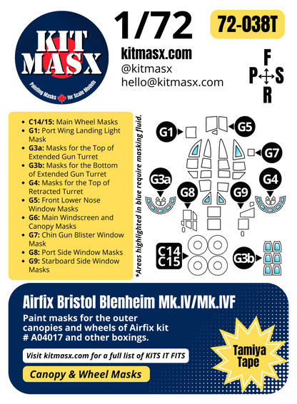 Airfix Bristol Blenheim Mk.IV/Mk.IVF 1/72 Canopy & Wheel Paint Masks, Kit # A04017