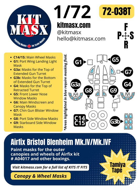 Airfix Bristol Blenheim Mk.IV/Mk.IVF 1/72 Canopy & Wheel Paint Masks, Kit # A04017