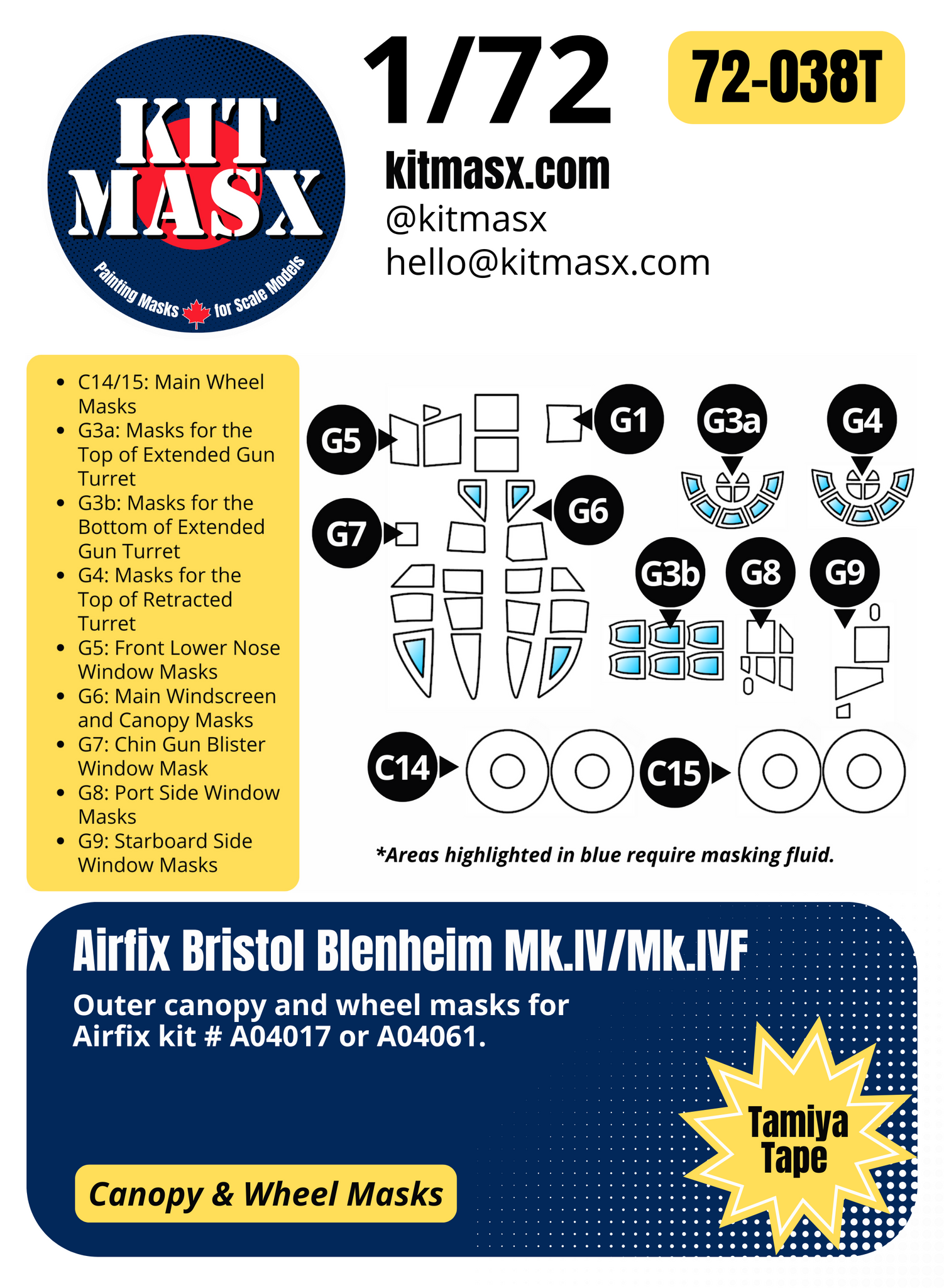 Airfix Bristol Blenheim Mk.IV/Mk.IVF 1/72 Canopy & Wheel Paint Masks