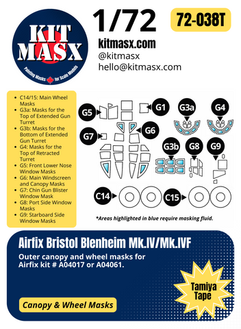 Airfix Bristol Blenheim Mk.IV/Mk.IVF 1/72 Canopy & Wheel Paint Masks, Kit # A04017