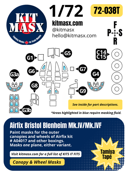 Airfix Bristol Blenheim Mk.IV/Mk.IVF 1/72 Canopy & Wheel Paint Masks, Kit # A04017