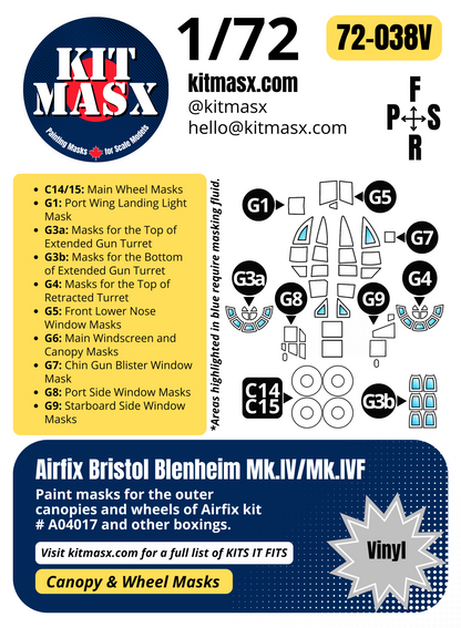 Airfix Bristol Blenheim Mk.IV/Mk.IVF 1/72 Canopy & Wheel Paint Masks, Kit # A04017