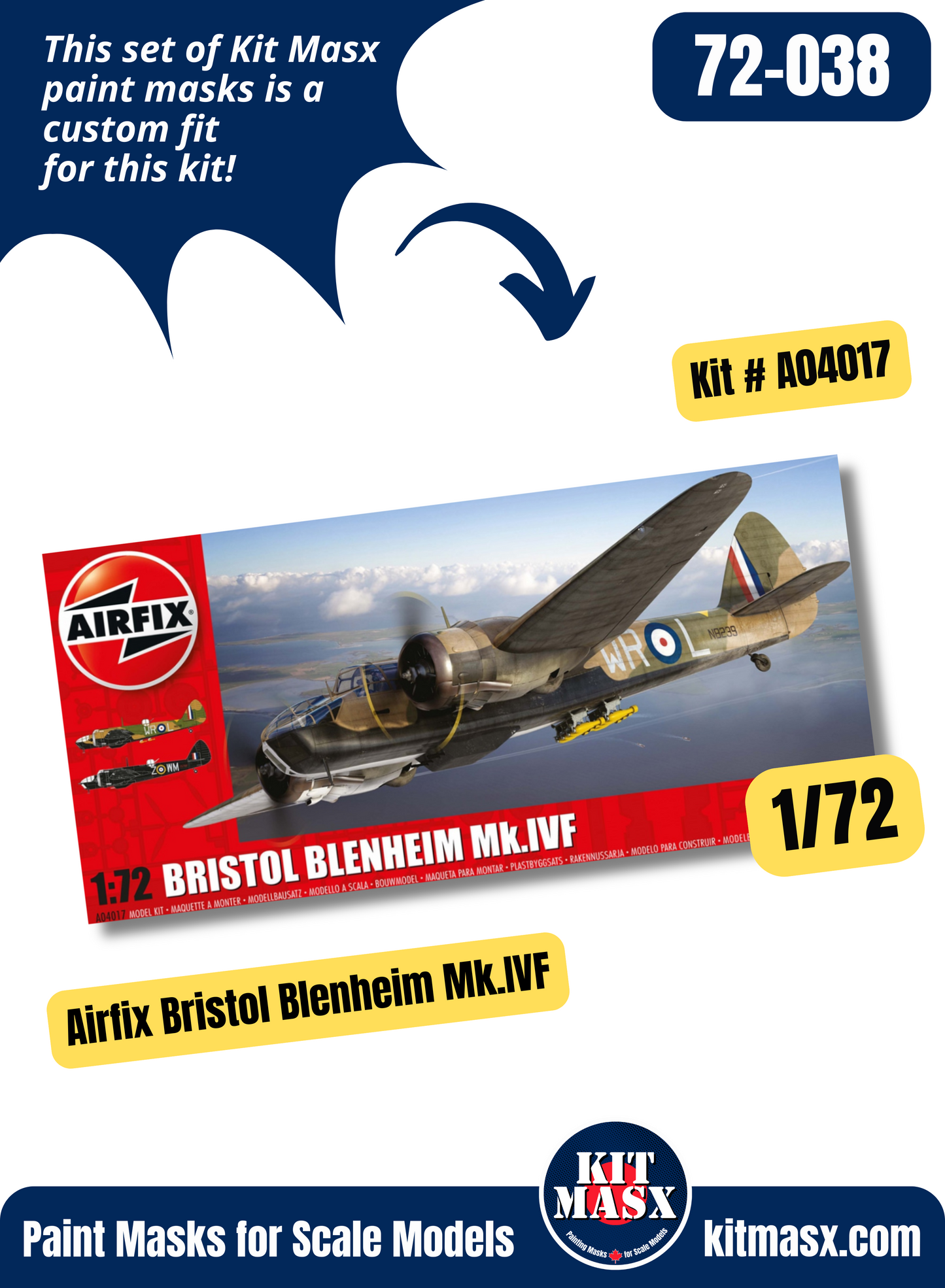 Airfix Bristol Blenheim Mk.IV/Mk.IVF 1/72 Canopy & Wheel Paint Masks, Kit # A04017