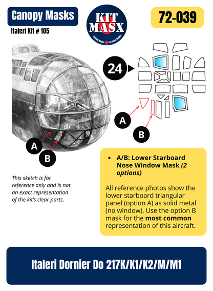Italeri Dornier Do 217K/K1/K2/M/M1 1/72 Canopy & Wheel Paint Masks, Kit # 105