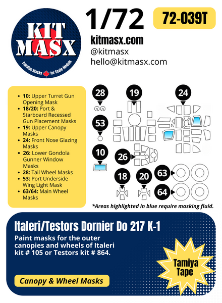 Italeri Dornier Do 217 K-1 1/72 Canopy & Wheel Paint Masks, Kit # 105