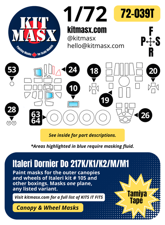 Italeri Dornier Do 217K/K1/K2/M/M1 1/72 Canopy & Wheel Paint Masks, Kit # 105