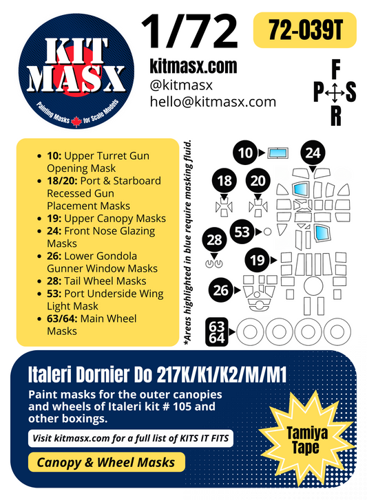 Italeri Dornier Do 217K/K1/K2/M/M1 1/72 Canopy & Wheel Paint Masks, Kit # 105