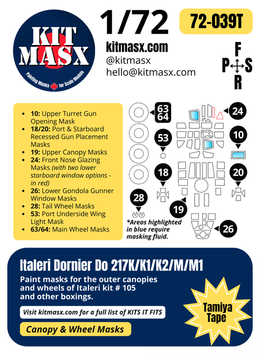 Italeri Dornier Do 217K/K1/K2/M/M1 1/72 Canopy & Wheel Paint Masks, Kit # 105