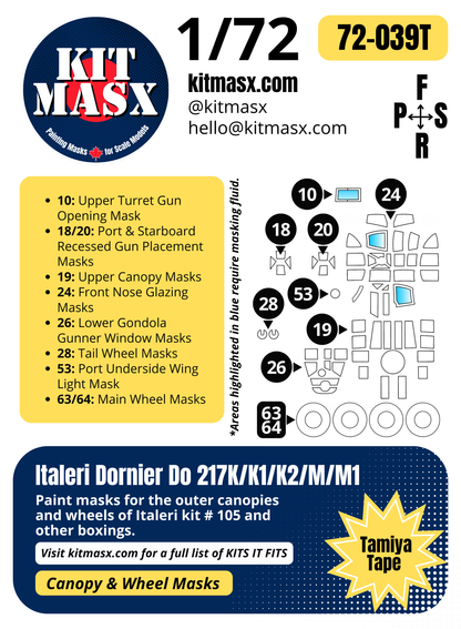 Italeri Dornier Do 217K/K1/K2/M/M1 1/72 Canopy & Wheel Paint Masks, Kit # 105
