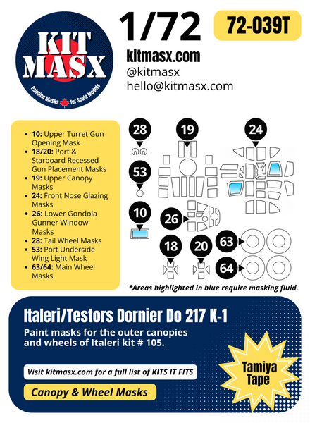 Italeri Dornier Do 217 K-1 1/72 Canopy & Wheel Paint Masks, Kit # 105