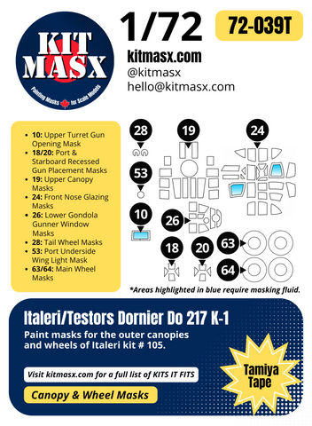 Italeri Dornier Do 217 K-1 1/72 Canopy & Wheel Paint Masks, Kit # 105