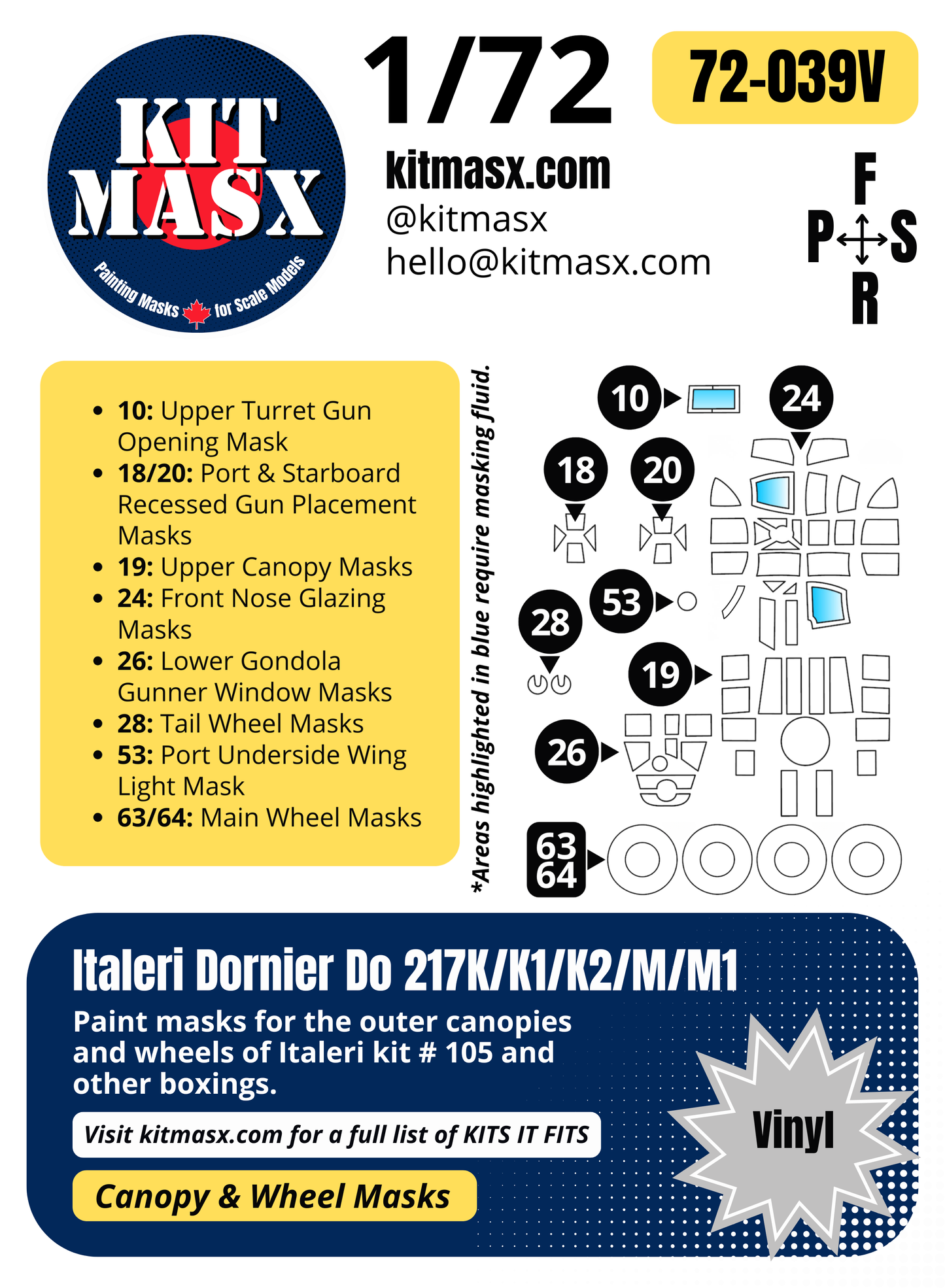 Italeri Dornier Do 217K/K1/K2/M/M1 1/72 Canopy & Wheel Paint Masks, Kit # 105