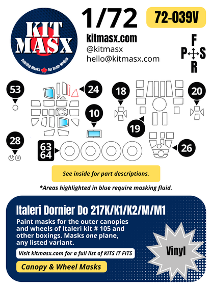 Italeri Dornier Do 217K/K1/K2/M/M1 1/72 Canopy & Wheel Paint Masks, Kit # 105
