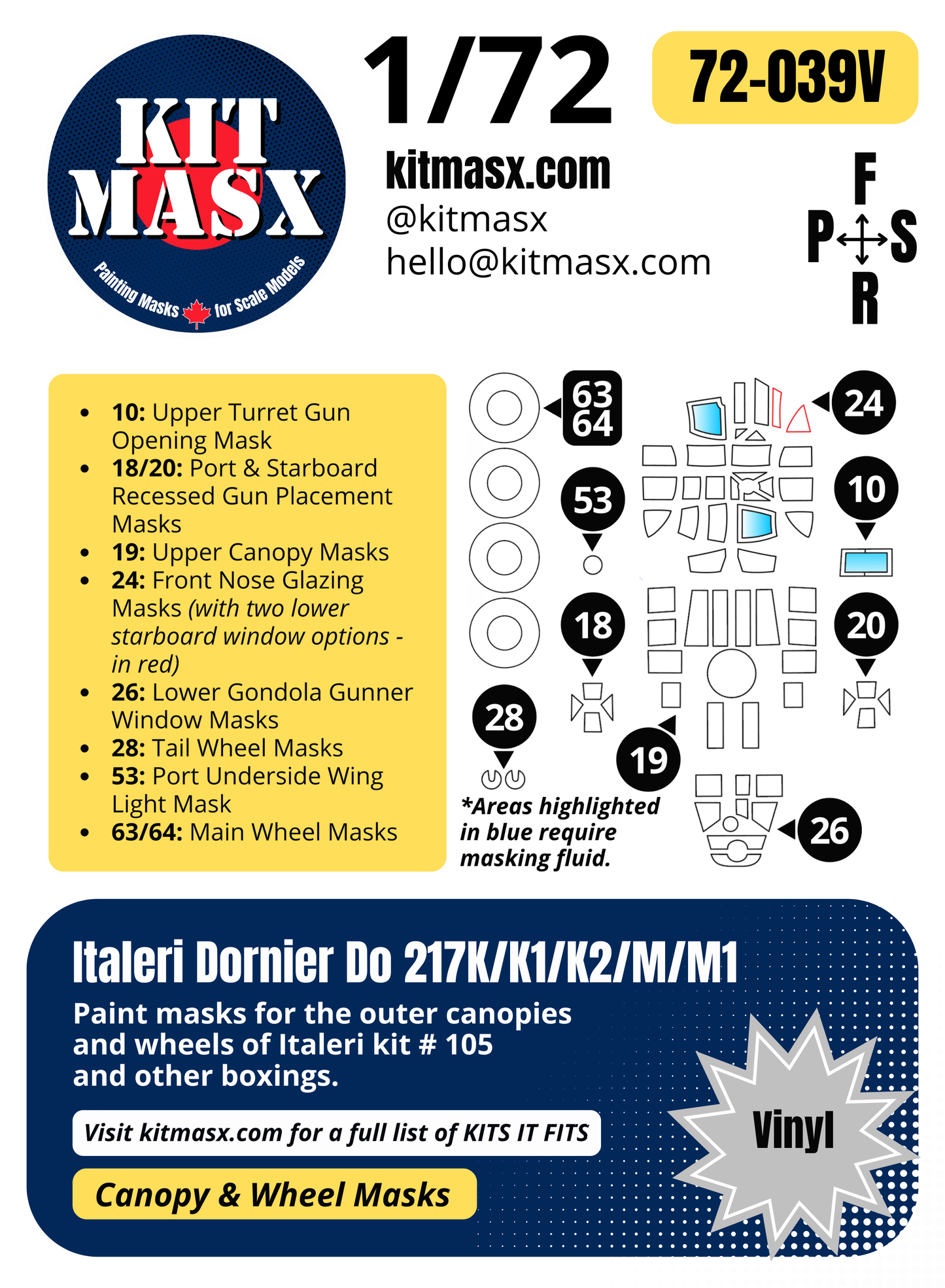 Italeri Dornier Do 217K/K1/K2/M/M1 1/72 Canopy & Wheel Paint Masks, Kit # 105