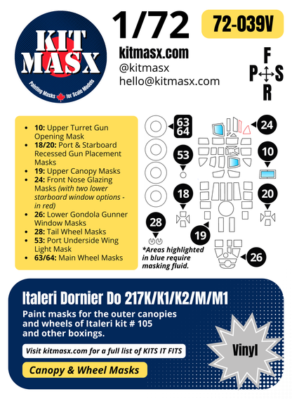 Italeri Dornier Do 217K/K1/K2/M/M1 1/72 Canopy & Wheel Paint Masks, Kit # 105