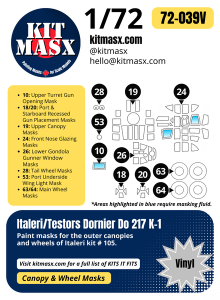 Italeri Dornier Do 217 K-1 1/72 Canopy & Wheel Paint Masks, Kit # 105