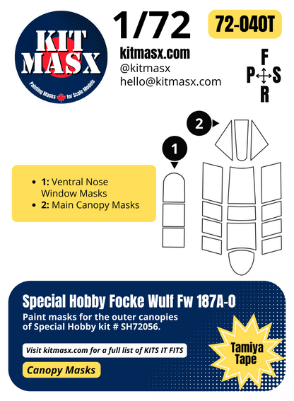 Special Hobby Focke Wulf Fw 187A-0 1/72 Canopy Paint Masks, Kit # SH72056