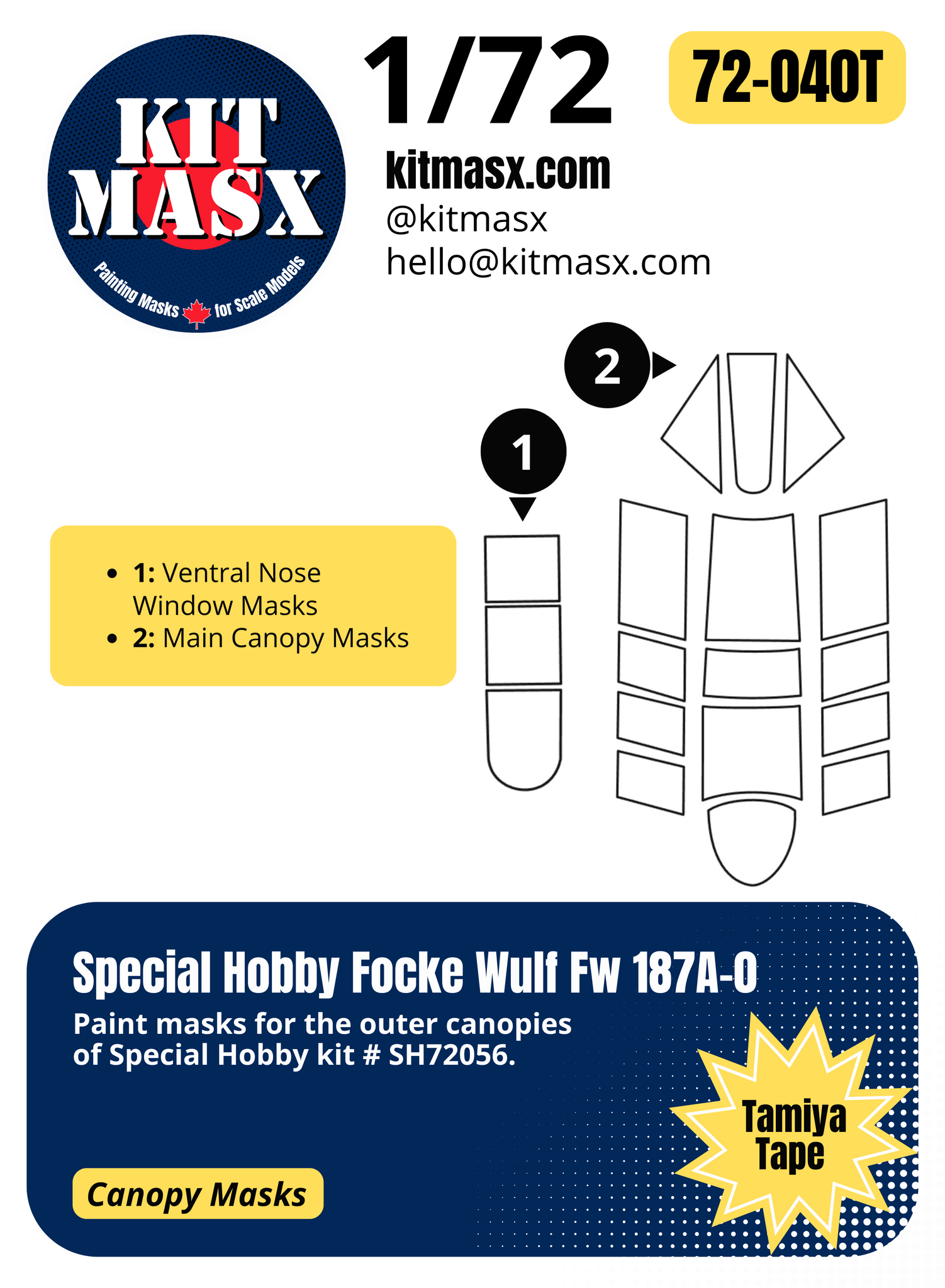 Special Hobby Focke Wulf Fw 187A-0 1/72 Canopy Paint Masks, Kit # SH72056