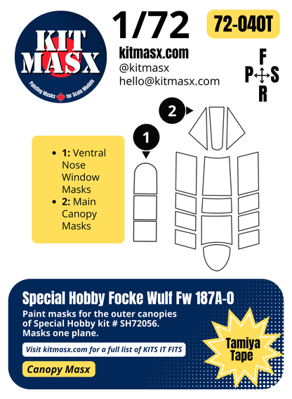 Special Hobby Focke Wulf Fw 187A-0 1/72 Canopy Paint Masks, Kit # SH72056