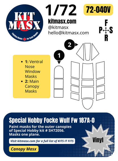 Special Hobby Focke Wulf Fw 187A-0 1/72 Canopy Paint Masks, Kit # SH72056