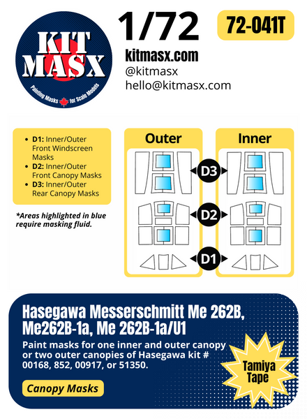 Hasegawa Messerschmitt Me 262B, Me262B-1a, Me 262B-1a/U1 1/72 Canopy Paint Masks, Kit # 852